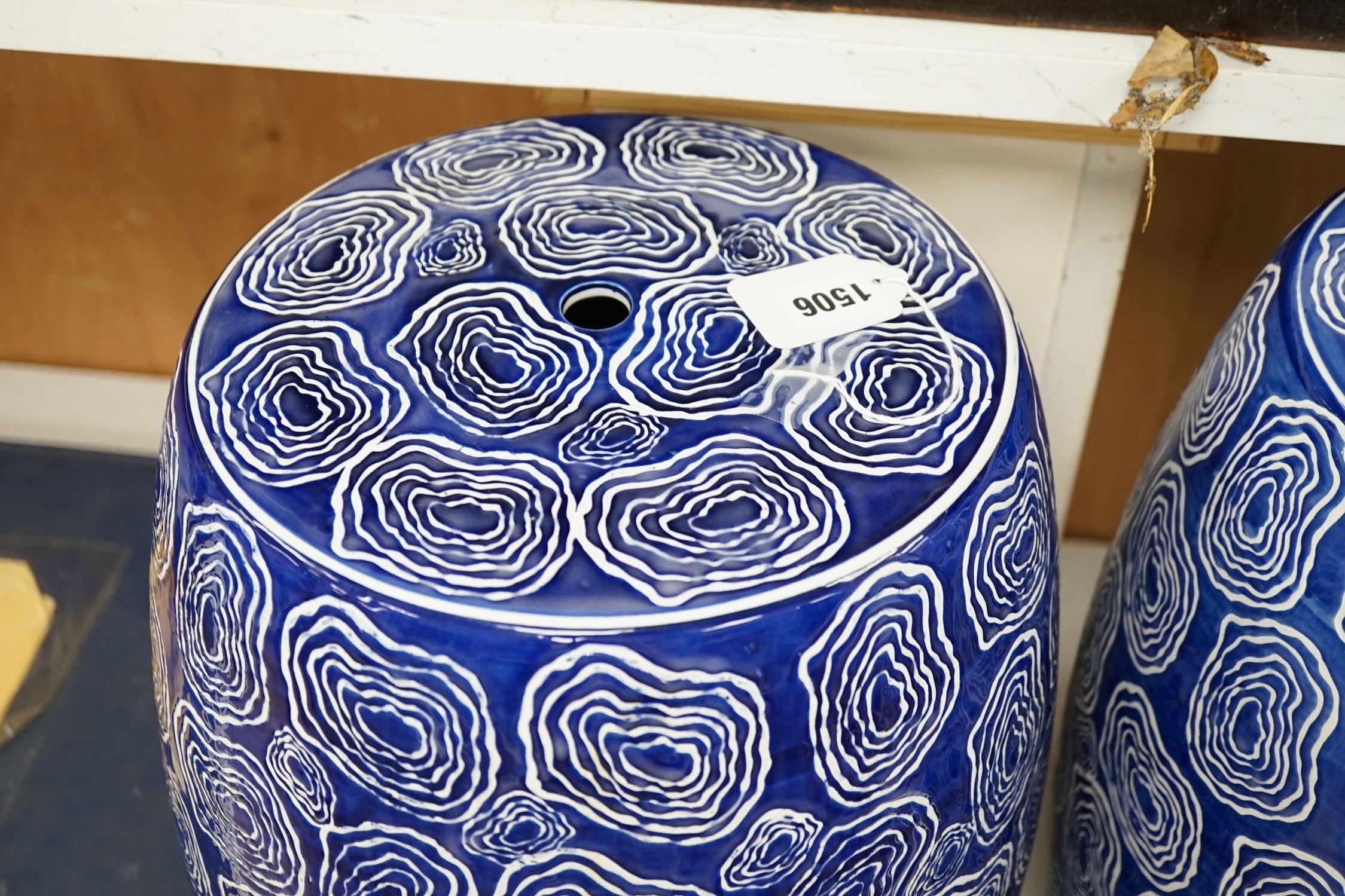 Two Chinese blue and white garden seats, 44cm high. Condition - good